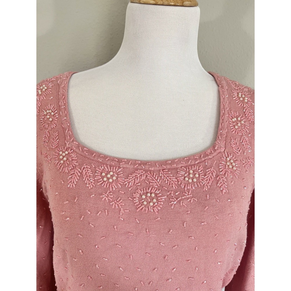 Pink Beaded Sweater Size M Square Neck Floral Soft Girl Coquette Ultra Feminine